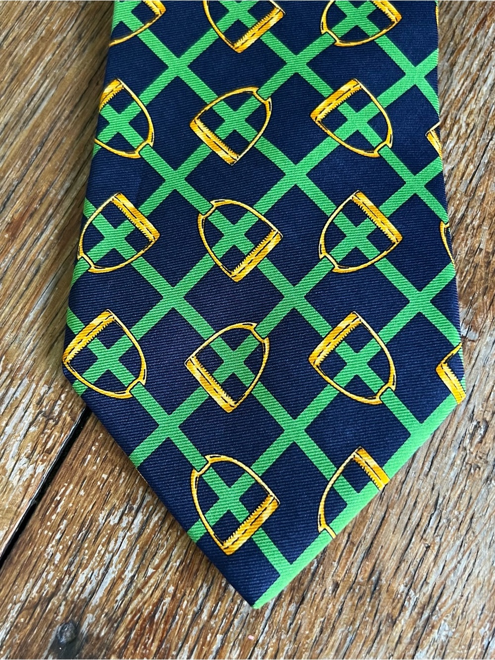 Vintage Brooks Brothers Makers Silk Equestrian Tie Navy Blue Green Gold Stirrup